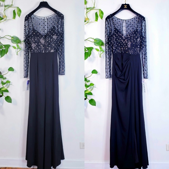 $1,190 NWT BADGLEY MISCHKA Women Black Maxi Long Dress 0 XS Sparkle Ruched Sheer - Picture 4 of 12